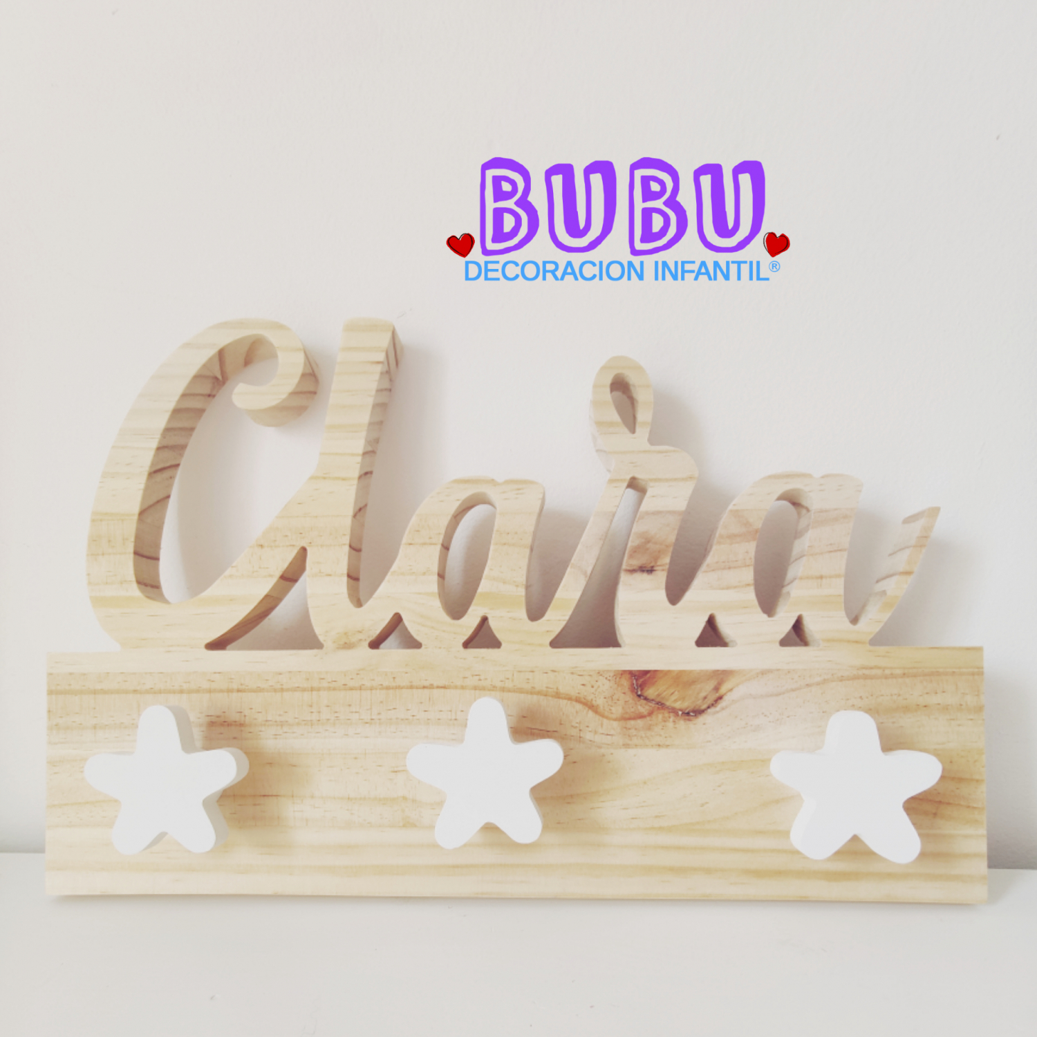 Perchero en madera natural y nombre ⭐️❤️ BUBU Decoración